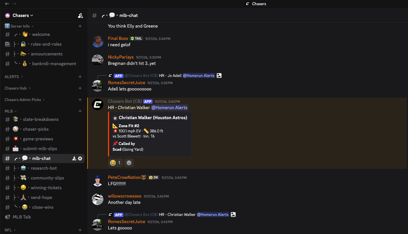 Chasers Discord with admin picks, community channels and a live home run alert